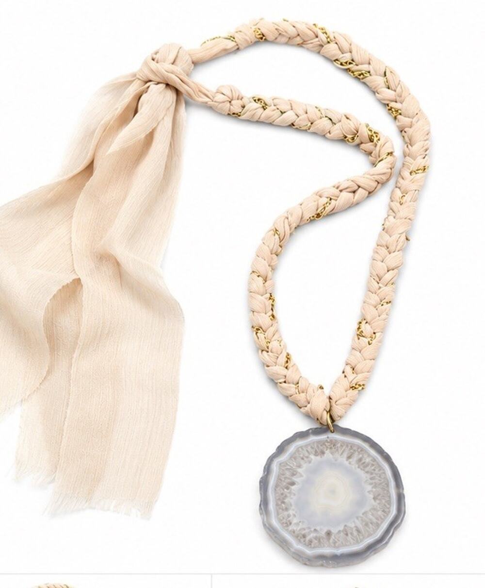 SPRING STREET X ANTHROPOLOGIE AGATE SLICE PENDANT BRAIDED SCARF NECKLACE